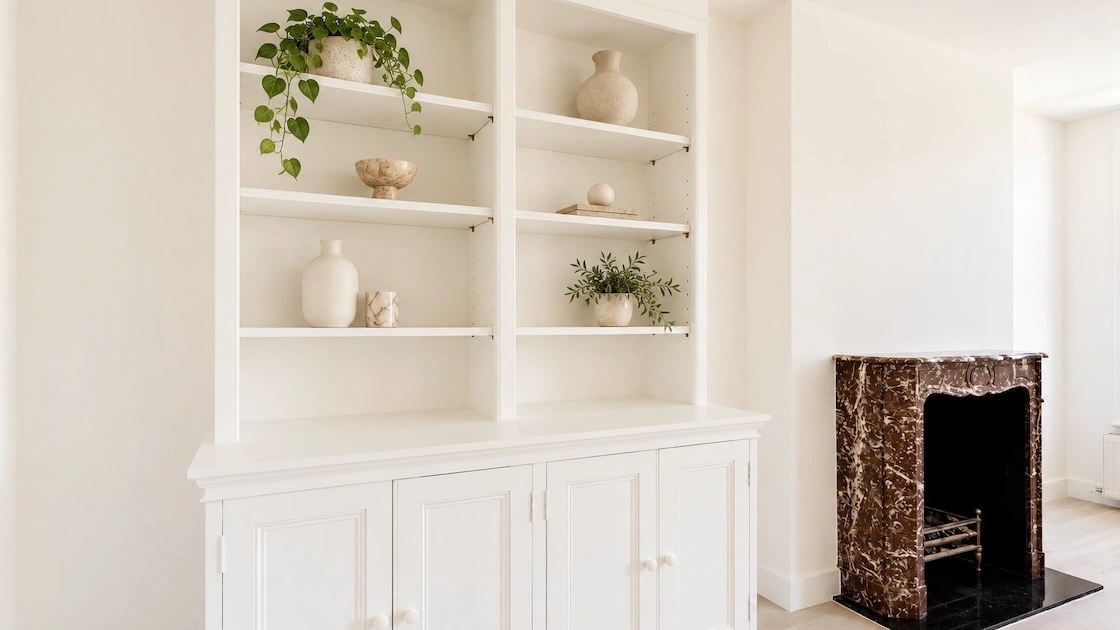 Minimalist shelves with decorative items.
