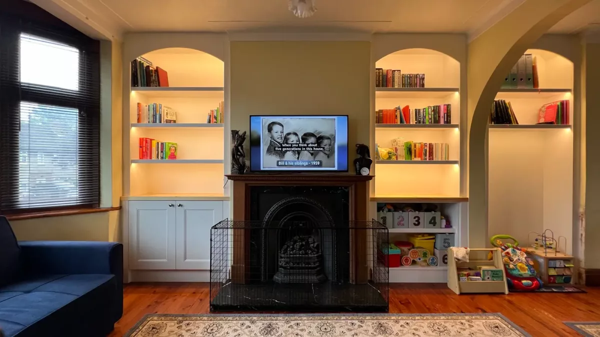built-in alcove bookcases with light