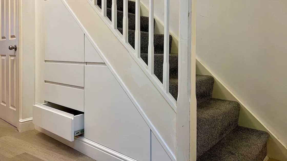 Under-stairs storage with drawers and stairs